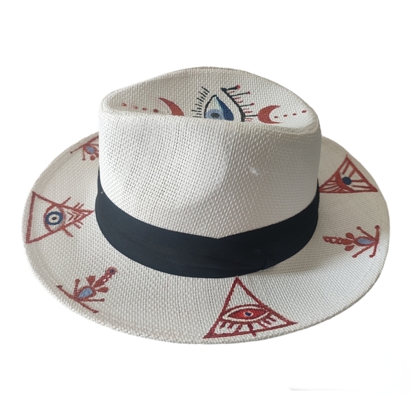 "CELESTIAL VIBES " Καπέλο τύπου Πανάμα ζωγραφισμένο στο χέρι - ψάθινα - 3
