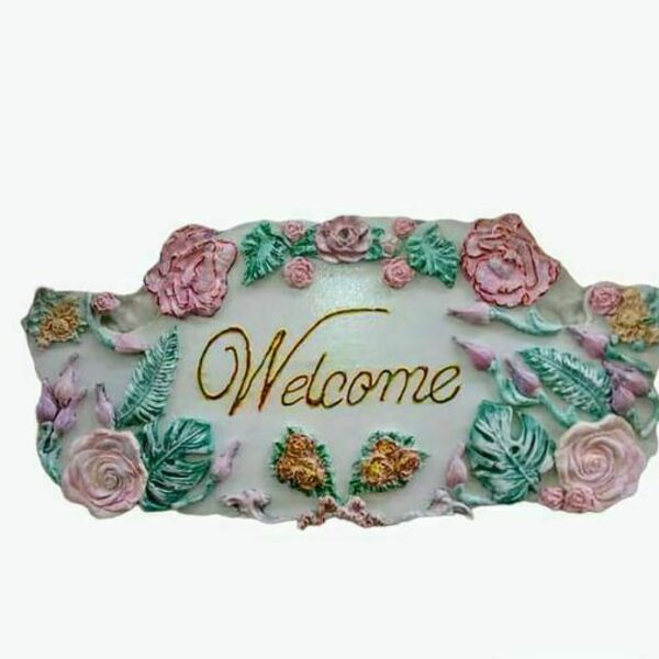 Ξυλινο, χειροποιητο πάνελ καλωσορισματος, "Welcome", διακοσμημένο με λουλούδια, για διακόσμηση σπιτιού η καταστηματος - πίνακες & κάδρα, ανοιξιάτικα λουλούδια