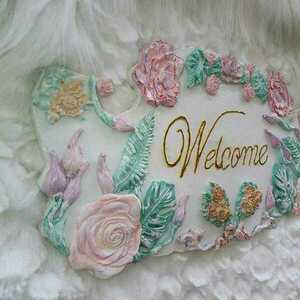 Ξυλινο, χειροποιητο πάνελ καλωσορισματος, "Welcome", 40 Χ 20 εκ. για διακόσμηση σπιτιού η καταστηματος - πίνακες & κάδρα, ανοιξιάτικα λουλούδια - 3
