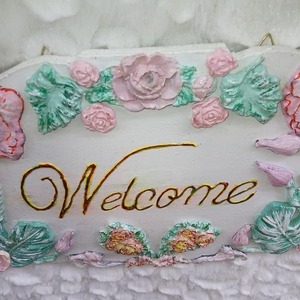 Ξυλινο, χειροποιητο πάνελ καλωσορισματος, "Welcome", 40 Χ 20 εκ. για διακόσμηση σπιτιού η καταστηματος - πίνακες & κάδρα, ανοιξιάτικα λουλούδια - 4