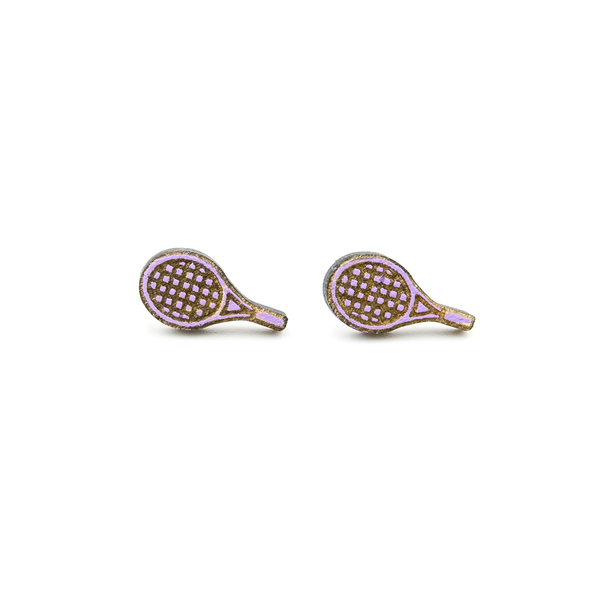 Ξύλινα, καρφωτά σκουλαρίκια ΜΟΒ χρώμα, σε σχήμα ρακέτα του τένις 12 χλ. - ξύλο, μικρά, ατσάλι