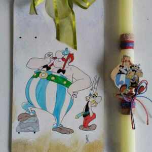 Πλατη λαμπαδας ξυλινη και λαμπαδα ζωγραφισμενα στο χερι με τον Οβελιξ - αγόρι, λαμπάδες, για ενήλικες, για εφήβους, ήρωες κινουμένων σχεδίων - 2