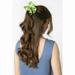 Σατέν Λαστιχάκι Μαλλιών (Hair Scrunchie) με Μοτίβο Flora Lime - ύφασμα, πολυεστέρας, λαστιχάκια μαλλιών - 2