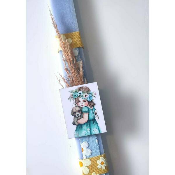 Αρωματική σιελ λαμπάδα 32cm με ξύλινο στοιχείο Κοριτσάκι με στεφάνι - λουλούδια, λαμπάδες, για παιδιά, για εφήβους, ζωάκια - 5