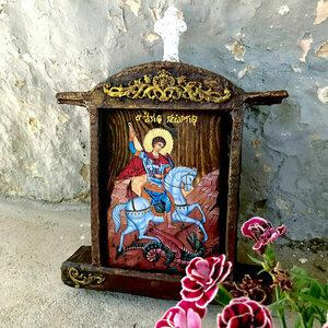 Άγιος Γεώργιος ο Μεγαλομάρτυρας Χειροποίητη Ξύλινη Εικόνα Με Εικονοθήκη 18x35cm - πίνακες & κάδρα, πίνακες ζωγραφικής, εικόνες αγίων - 2