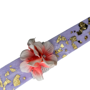Λαμπάδα Orchid πλακέ με λευκό κορδόνι, ροζ ορχιδέα και φύλλα χρυσού 25x3.5 - λουλούδια, λαμπάδες, για παιδιά, πρώτο Πάσχα, για εφήβους - 3