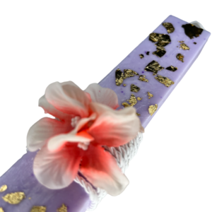 Λαμπάδα Orchid πλακέ με λευκό κορδόνι, ροζ ορχιδέα και φύλλα χρυσού 25x3.5 - λουλούδια, λαμπάδες, για παιδιά, πρώτο Πάσχα, για εφήβους - 4