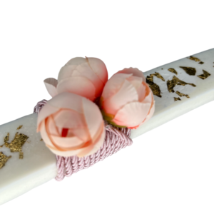 Λαμπάδα Rose πλακέ με τριαντάφυλλα και ροζ ή λευκό κορδόνι με φύλλα χρυσού 25x3.5 - λουλούδια, λαμπάδες, για παιδιά, πρώτο Πάσχα, για εφήβους - 2