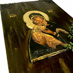 Παναγία Γλυκοφιλούσα Χειροποίητη Εικόνα Σε Ξύλο 21x34cm - πίνακες & κάδρα, πίνακες ζωγραφικής - 4