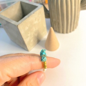 |Beaded Rings| Elastic | Turquoise-White-Gold | Medium Size - ημιπολύτιμες πέτρες, boho - 4