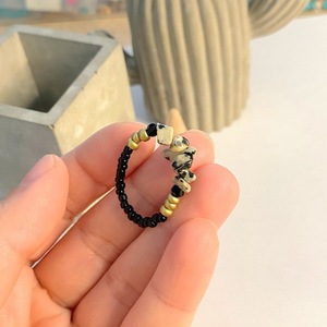 |Beaded Rings| Elastic | Black-Gold | Medium Size - ημιπολύτιμες πέτρες, boho - 3