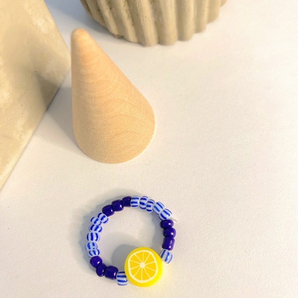 LEMON SQUEEZY|Beaded Rings| Elastic | Blue-white | Medium Size - πηλός, χάντρες, boho - 2