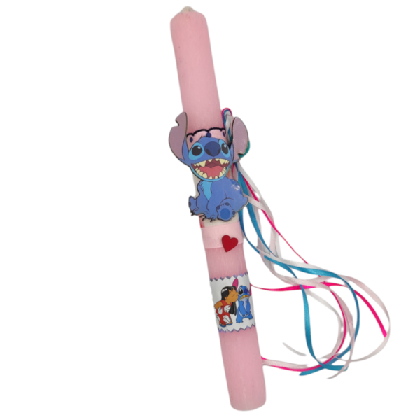 Αρωματική ροζ στρόγγυλη λαμπάδα ''Stitch'', 30cm - λαμπάδες, για παιδιά, ήρωες κινουμένων σχεδίων, ζωάκια