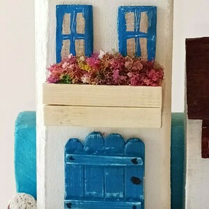 Ξύλινη κλειδοθήκη 5 θέσεων χρώμα μπλε σχέδιο "ελληνικό νησί" 16 Χ 30 Χ 7 - μπλε, κλειδοθήκες, ξύλινα διακοσμητικά τοίχου - 2