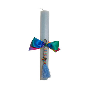 KDK - GLAMπάδα ~CYAN RAINBOW~ Στρογγυλή, λευκή 25x3,5cm, με πολύχρωμη, PRIDE κορδέλα, φουντάκι και χάντρες σε παραμάνα - λαμπάδες, για ενήλικες, για εφήβους
