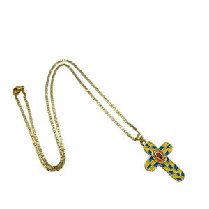 Κολιέ ατσάλινο χρυσό με μεταλλικό σταυρό σε μπλε και κίτρινο χρώμα - μήκος 50εκ. - σταυρός, μέταλλο, μακριά, ατσάλι