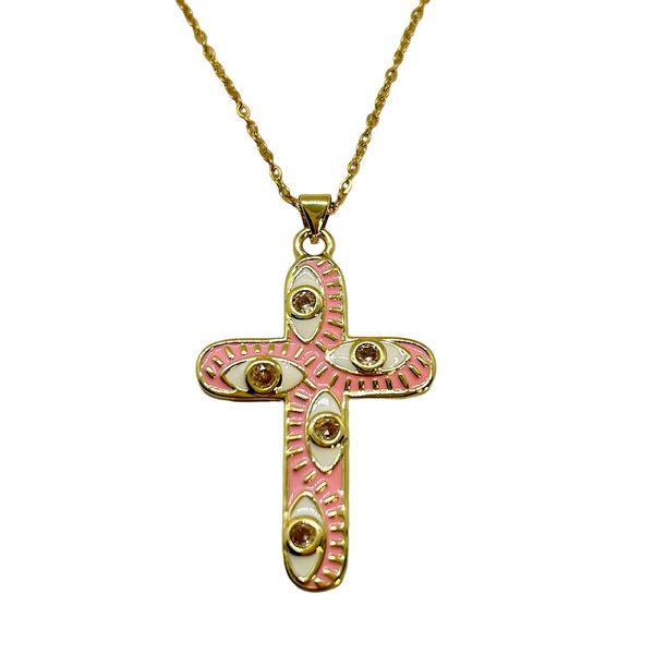 Κολιέ ατσάλινο χρυσό με μεταλλικό σταυρό σε ροζ χρώμα και ροζ κρυσταλλάκια - μήκος 70εκ. - σταυρός, μάτι, μακριά, ατσάλι - 3