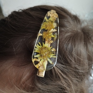 Hair Clips 2 ΤΜΧ με αποξηραμένα λουλούδια και φύλλα χρυσού - γυαλί, μέταλλο, για τα μαλλιά, hair clips - 5