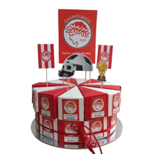 Χάρτινη τούρτα 18 τεμαχίων με θέμα ποδοσφαιρική ομάδα (ολυμπιακός ) ΓΕΜΑΤΗ ΜΕ ΧΡΩΜΟΣΕΛΙΔΕΣ - αγόρι, ποδόσφαιρο, προσωποποιημένα