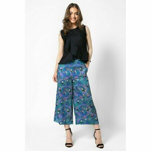 Olive Trousers - Μεταξένια Φαρδιά Παντελόνα με Πολύχρωμο Μοτίβο Fauna Blue