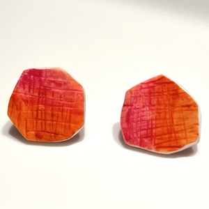 Fyki Polygonal Red Orange Earrings Χειροποίητα Πολυγωνικά Καρφωτά Σκουλαρίκια Πολυμερικού Πηλού Κόκκινο & Πορτοκαλί - πηλός, μικρά, ατσάλι - 2