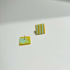 English Hut II Rectangular Earrings Χειροποίητα Καρφωτά Σκουλαρίκια Πολυμερικού Πηλού Κίτρινο & Γαλάζιο - πηλός, ατσάλι - 3