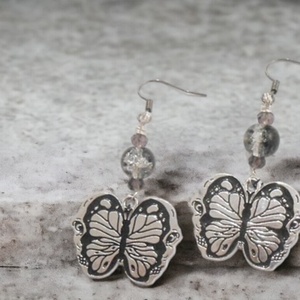 Σκουλαρίκια με charms, χάντρες και μεταλλικά στοιχεία, κρεμαστά Skull Butterfly earrings - πεταλούδα, χάντρες, ατσάλι, κρεμαστά, γάντζος - 2