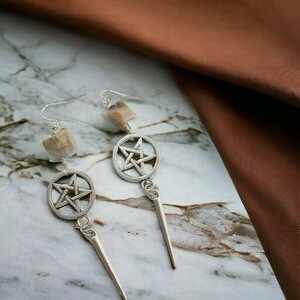 Σκουλαρίκια με μεταλλικά στοιχεία και χάντρες και charms, κρεμαστά Pentagram Earrings - χάντρες, ατσάλι, μεταλλικά στοιχεία, κρεμαστά, γάντζος - 2
