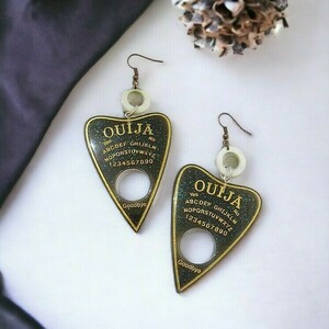 Ακρυλικά σκουλαρίκια με χάντρες Ouija Planchette Dark green Earrings - χάντρες, plexi glass, κρεμαστά, μεγάλα, γάντζος - 2