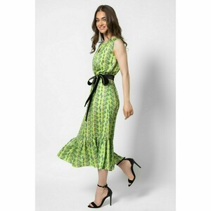 Diana Dress-Σατέν Μάξι Φόρεμα με Βολάν με Πολύχρωμο Μοτίβο Flora Lime - πολυεστέρας, αμάνικο, φλοράλ, γάμου - βάπτισης - 2