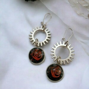 Σκουλαρίκια με γρανάζια και γυαλί, κρεμαστά Gothic rose Steampunk - γυαλί, λουλούδι, κρεμαστά, γάντζος - 2