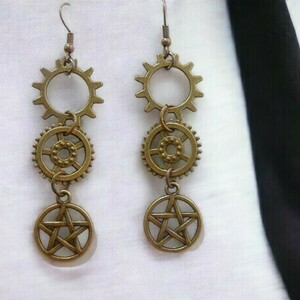 Σκουλαρίκια με γρανάζια και charms Bronze Steampunk Gear Earrings - μπρούντζος, κρεμαστά, γάντζος