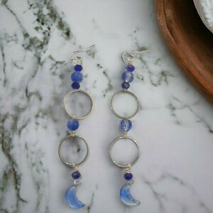 Σκουλαρίκια με μεταλλικά στοιχεία, χάντρες και ακρυλικά charms, κρεμαστά Blue Moon - φεγγάρι, χάντρες, ατσάλι, κρεμαστά, γάντζος - 2