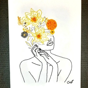 Γυναικείο πρόσωπο με λουλούδια κεντημένο σε καμβά 30x40cm - πίνακες & κάδρα, πίνακες ζωγραφικής