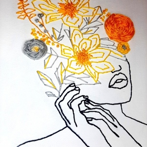 Γυναικείο πρόσωπο με λουλούδια κεντημένο σε καμβά 30x40cm - πίνακες & κάδρα, πίνακες ζωγραφικής - 3