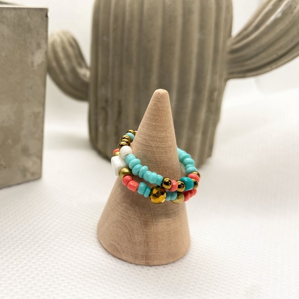 Beaded Rings| Elastic | Mint - Coral Pink | 1 Small + 1 Medium Size - γυαλί, χάντρες, boho, αυξομειούμενα