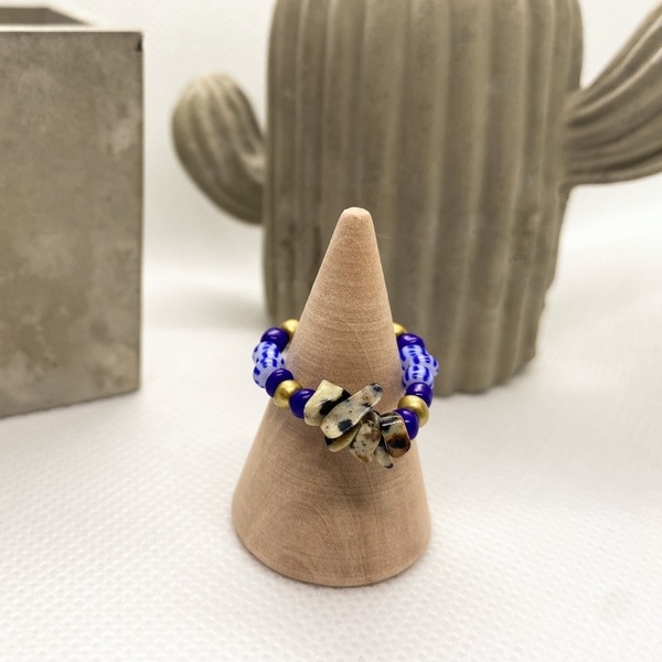 Beaded Rings| Elastic | Blue White Gold_2 | Medium Size - πηλός, χάντρες, boho
