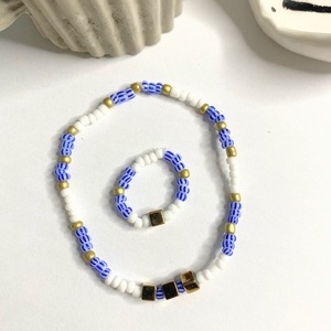 Cyclades |Blue, White|Elastic Beaded Bracelet and Rind with Heamtite Stones| Medium Size - ημιπολύτιμες πέτρες, χάντρες, layering, χεριού