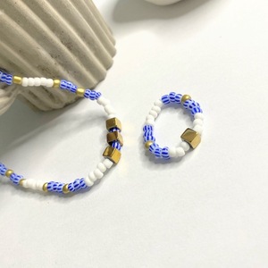 Cyclades |Blue, White|Elastic Beaded Bracelet and Rind with Heamtite Stones| Medium Size - ημιπολύτιμες πέτρες, χάντρες, layering, χεριού - 5