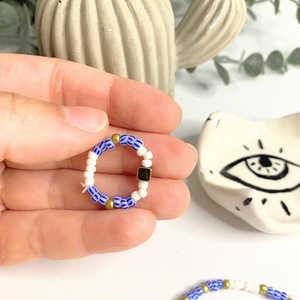 Cyclades |Blue, White|Elastic Beaded Bracelet and Rind with Heamtite Stones| Medium Size - ημιπολύτιμες πέτρες, χάντρες, layering, χεριού - 3