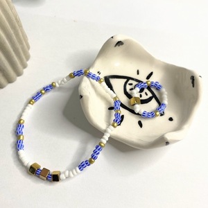 Cyclades |Blue, White|Elastic Beaded Bracelet and Rind with Heamtite Stones| Medium Size - ημιπολύτιμες πέτρες, χάντρες, layering, χεριού - 2