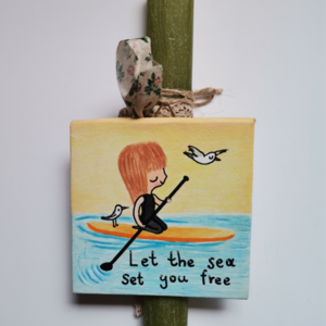 Χειροποίητη αρωματική λαμπάδα με καμβά ζωγραφισμένο στο χέρι Let the sea set you free - κορίτσι, λαμπάδες, για παιδιά, για ενήλικες, για εφήβους