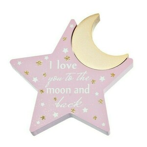 Ξύλινο αστέρι ροζ με κοπτικό φεγγάρι για μπομπονιέρα βάπτισης για κορίτσι 13Χ13,5εκ. - βάπτισης