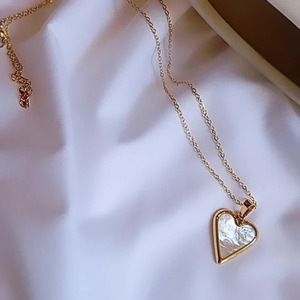 Κολιέ Επίχρυσο Ατσάλινο Φιλντισι "White Heart" - ημιπολύτιμες πέτρες, επιχρυσωμένα, καρδιά, κοντά, ατσάλι - 3