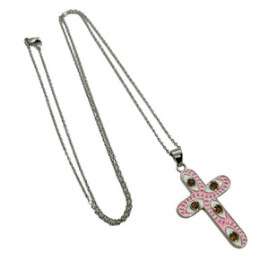 Κολιέ ατσάλινο ασημί με μεταλλικό σταυρό σε ροζ χρώμα και ροζ κρυσταλλάκια - μήκος 70εκ. - σταυρός, μάτι, μακριά, ατσάλι