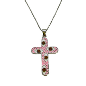 Κολιέ ατσάλινο ασημί με μεταλλικό σταυρό σε ροζ χρώμα και ροζ κρυσταλλάκια - μήκος 70εκ. - σταυρός, μάτι, μακριά, ατσάλι - 3
