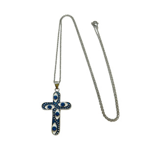 Κολιέ ατσάλινο ασημί με μεταλλικό σταυρό σε μπλε χρώμα και γαλάζια κρυσταλλάκια - μήκος 70εκ. - σταυρός, μάτι, μακριά, ατσάλι
