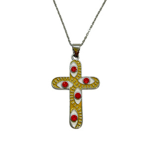 Κολιέ ατσάλινο ασημί με μεταλλικό σταυρό σε κίτρινο χρώμα και κόκκινα κρυσταλλάκια - μήκος 70εκ. - σταυρός, μάτι, μακριά, ατσάλι - 3