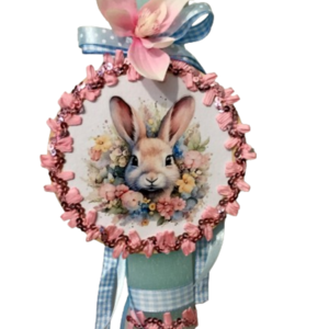 Αρωματική λαμπάδα με διακοσμητικό τελαράκι με κουνελάκι και λουλούδι ροζ - πίνακες & κάδρα, κορίτσι, λαμπάδες, λαγουδάκι, ζωάκια - 2