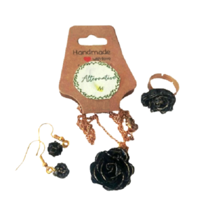 Σετ μενταγιόν τριαντάφυλλο μαύρο και χρυσό από υγρό γυαλί 3 * 3 * 0,5 εκ - ρητίνη, κοντά, λουλούδι, σετ κοσμημάτων, φθηνά - 2